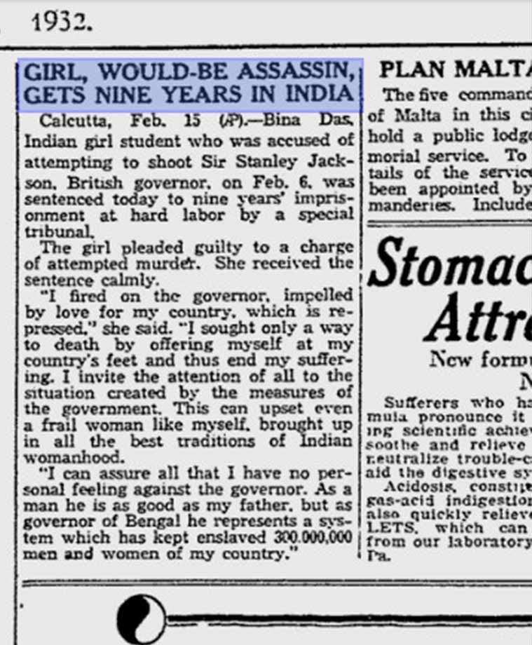 Bina Das, Bengal Governor Stanley Jackson, fight for independence, freedom struggle, indian express, indian express news