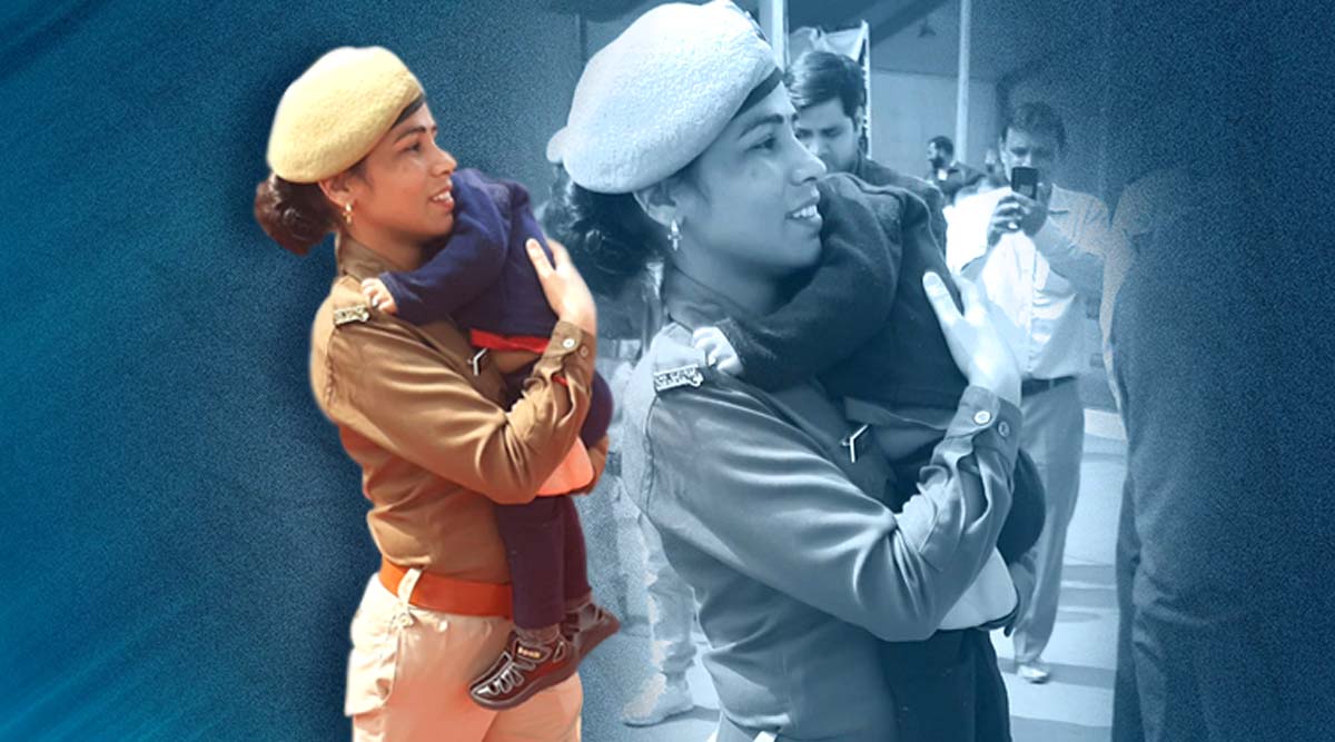 Yogi Adityanath event Noida, woman cop holding child, on duty cop baby viral picture, noida viral pic, trending, indian express, indian express news