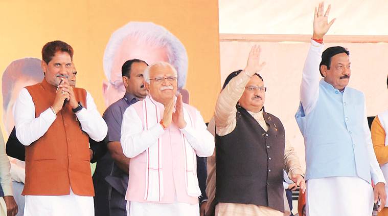Manohar Lal Khattar, J P Nadda, Ranjit Chautala, Haryana Pragati rally, Subhash Barala, Haryana news, indian express news