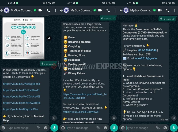 whatsapp chatbot, coronavirus whatsapp chatbot, who whatsapp chatbot, mygov corona helpdesk, whatsapp coronavirus help