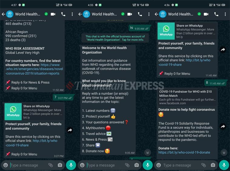 whatsapp chatbot, coronavirus whatsapp chatbot, who whatsapp chatbot, mygov corona helpdesk, whatsapp coronavirus help