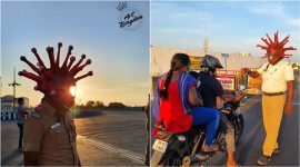 coronavirus, coronavirus india, coronavirus police awareness initiative, chennai police coronavirus helmet, corona helmet chennai artist, chennai news, tamil nadu news, chennai coronavirus update, indian express,