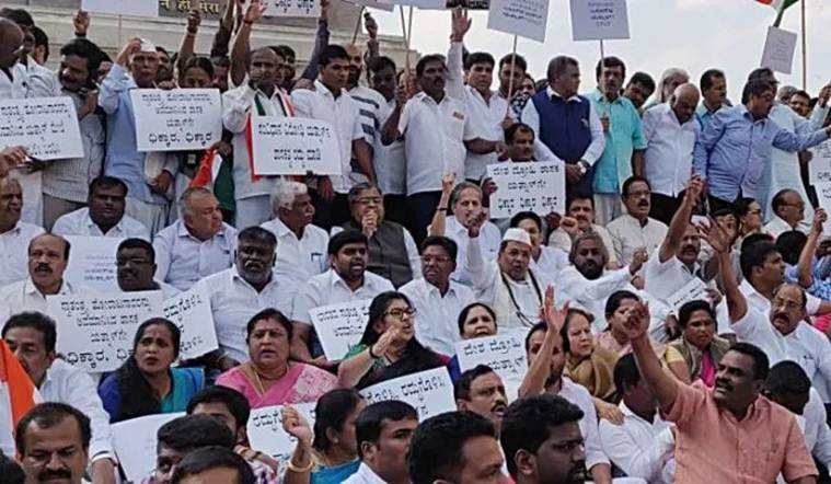 Basanagouda Patil Yatnal, karnataka congress protest, Basanagouda Patil Yatnal arrest, H S Doreswamy, indian express news