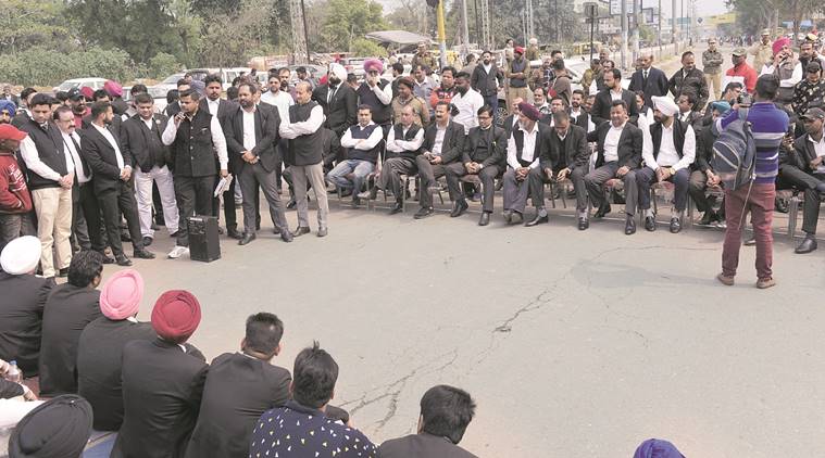Advocate Manhandled, STF Cop manhandles advocate, Lawyers protest, ludhiana news, punjab news, indian express news