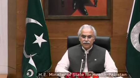 Zafar Mirza, State Minister of Health of Pakistan, during the video-conference with SAARC leaders on Sunday. (Source: ANI)