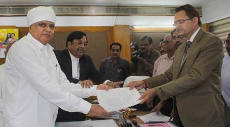 Phool Singh Baraiya files his nomination in Bhopal. PTI