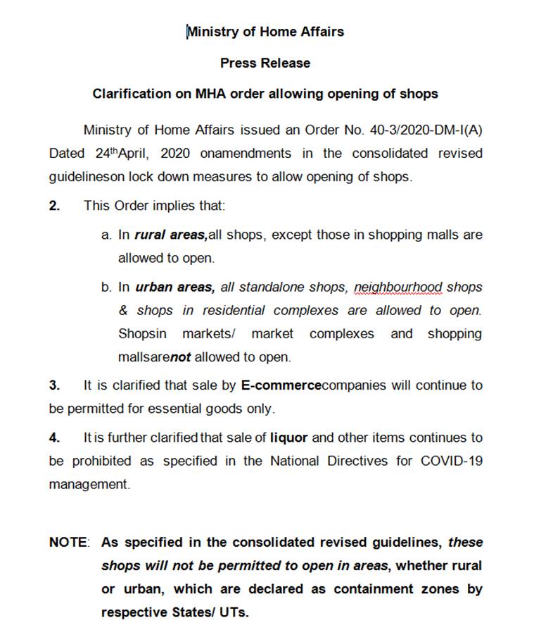 MHA clarification on shops, MHA on e-commerce, MHA news, Shops not permitted to open, Liquor shops MHA, MHA on restaurants, india news, India lockdown