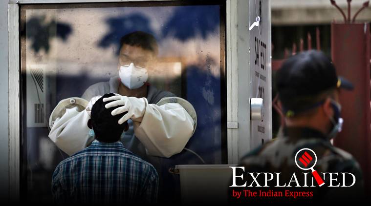 A suspected navy personnel being tested at newly installed testing centre at Podar Hospital in Worli
Express photo by Nirmal Harindran, Mumbai