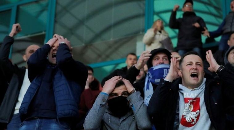fans gathered at a football league, football in Belarus , a Belarusian top-flight league match , boycott games due to corona ,coronavirus pandemic.