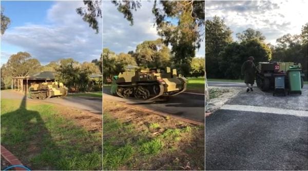 garbage take out funny videos, garbage takeout costumes, men drive tank to take out garbage, coronavirus funny garbage videos, australian men take armored tank trash, viral news, odd news, indian express,
