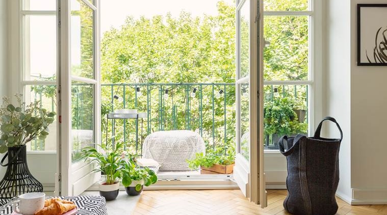 living room with balcony door