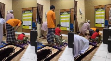 boy offers namaz with dinosaur, toy dinosaur namaz with boy, viral videos, cute children videos, ramadan, ramzan, ramadan 2020, home namaz ramzan 2020, indian express