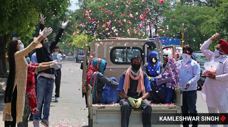 Family quarantine in the Bapudham colony after a person tested positive for the coronavirus in Sector 26 of Chandigarh on Saturday. (Express photo by Kamleshwar Singh)