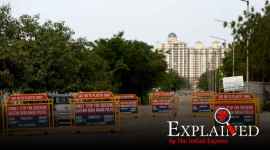 Barricade outside a sealed housing society in Greater Noida. (Express Photo: Gajendra Yadav)