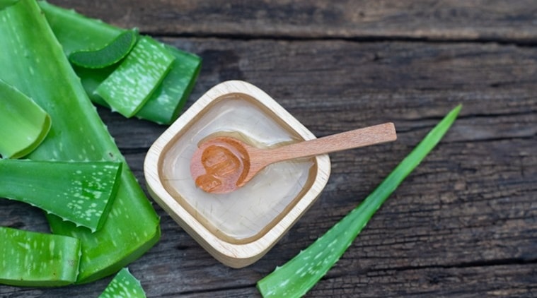 Fresh aloe vera stem and gel on wooden table, skin therapy concept, copy space