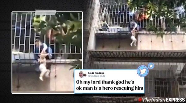 child accident, child slips from balcony, child falls from balcony, child dangles from balcony, onlookers save dangling child, china videos, viral videos