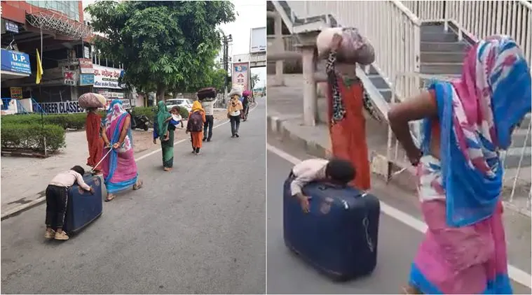 migrnats on road, kid falls asleep on suitcase, mother drags asleep baby on trolley, viral videos, migrant workers crisis, covid-19 lockdown india, indian express