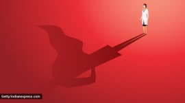 Doctor and professional superhero shadow on floor, fight virus. Character set. Vector illustration no alt set