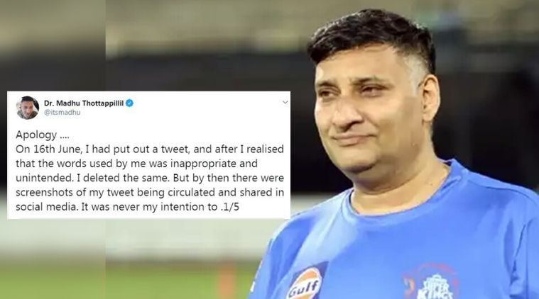 CSK doctor, CSK doctor suspended, CSK doc tenders apology, Dr. Madhu Thottappillil, CSK doc Madhu Thottappillil, CSK doc tweet