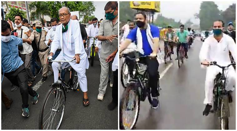 Fuel price hike, Opposition protest against fuel price hike, Tejashwi Yadav bicycle ride, Digvijay Singh bicycle protests,