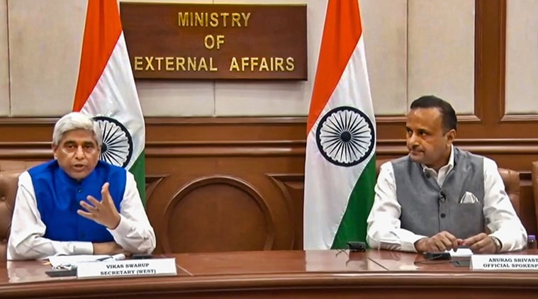 **EDS: SCREENSHOT FROM A VIDEO POSTED BY @MEAIndia ON THURSDAY, JUNE 18, 2020** New Delhi: Secretary West in the Ministry of External Affairs, Vikas Swarup and Spokesperson in the Ministry of External Affairs Anurag Srivastava during a media briefing on the UNSC elections, in New Delhi. (PTI Photo(PTI18-06-2020_000230B)