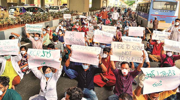 Hyderabad junior doctors strike, junior doctors strike Hyderabad, Hyderabad Gandhi hospital doctors strike, Hyderabad coronavirus cases, Hyderabad news, city news, Indian Express