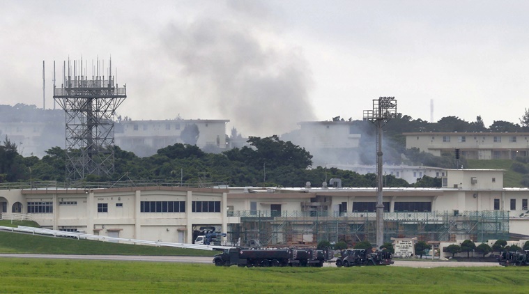 Fire burning at hazmat facility at US air base on Okinawa 