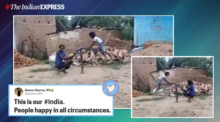 Madhya Pradesh, Makeshift see-saw, Jugaad seesaw, children on makeshift seesaw, trending news, Panna, Indian Express news