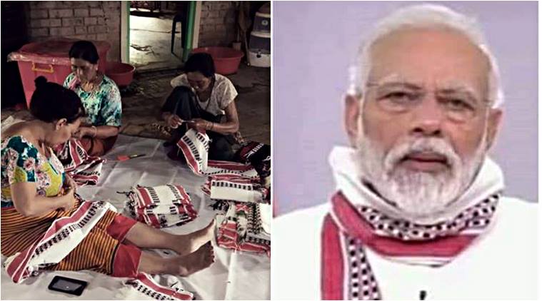 Modi gamchha mask, pm modi, Manipuri Leirum Phi, Bhupen Hazarika, Yogendra Yadav, gamosa Assamese, indian express