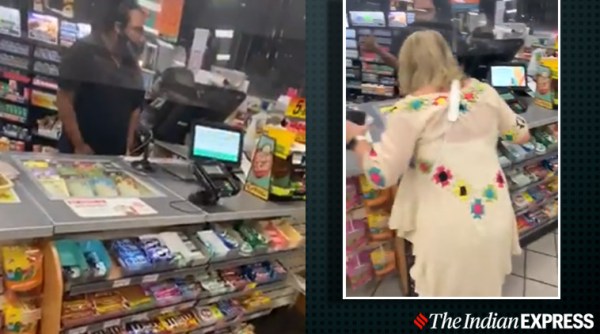 woman spitting on counter gas station viral video twitter reactions, trending, indian express,
