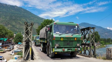 Kullu: Indian army trucks depart towards Ladakh amid stand off between Indian and Chinese troops in eastern Ladakh, at Manali-Leh highway in Kullu district, Monday, July 6, 2020. (PTI Photo)(PTI06-07-2020_000110B)