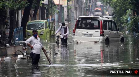 Waterlogged  Sukia street  in North Kolkata, due to heavy rain last night, on Monday , July 13,2020 . .Express photo by Partha Paul  