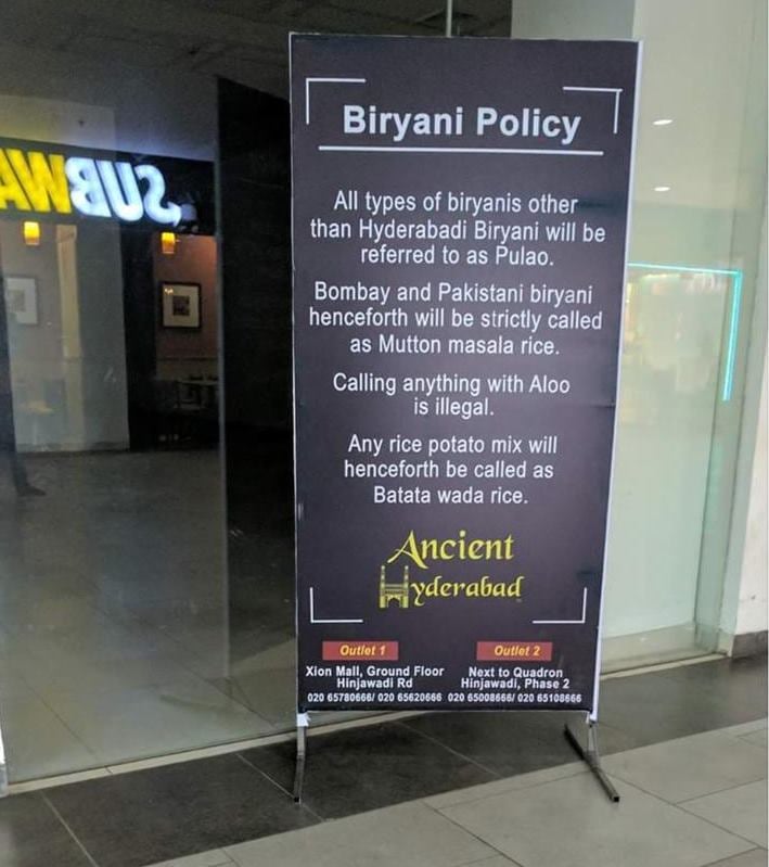 biryani, hyderabadi biryani, ancient hyderabad, pune restaurant biryani policy, viral biryani policy photo, best biryani debate, viral news, indian express