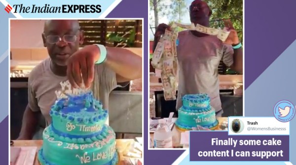 money hidden in cake, cake filled with cash, money cake surprise, wife and daughter surprise man with cash in cake, viral videos, cake videos, indian express