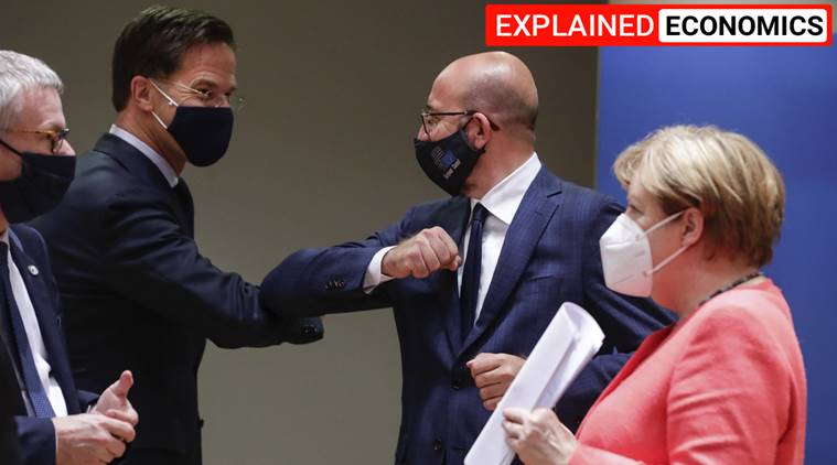 EU covid recovery deal, EU recovery deal, European Union, Angela Merkel, Emmanuel Macron, EU economy covid, indian express, express explained