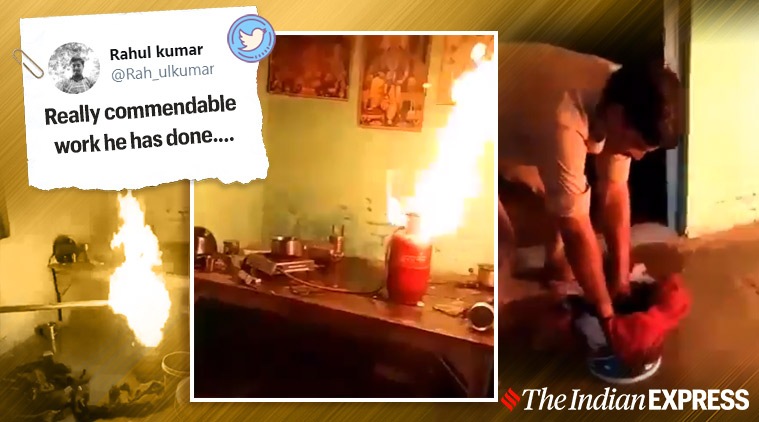 fire, cop extinguishes fire viral video, cylinder fire, priest’s hut fire viral video, Sambhal Police, UP
