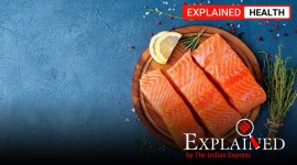 Food background, sliced portions large salmon fillet steaks on chopping board on dark blue concrete table, copy space, top view fish, fish diet, benefits of fish, fish air pollution, health benefits of fish, fish effect on brain