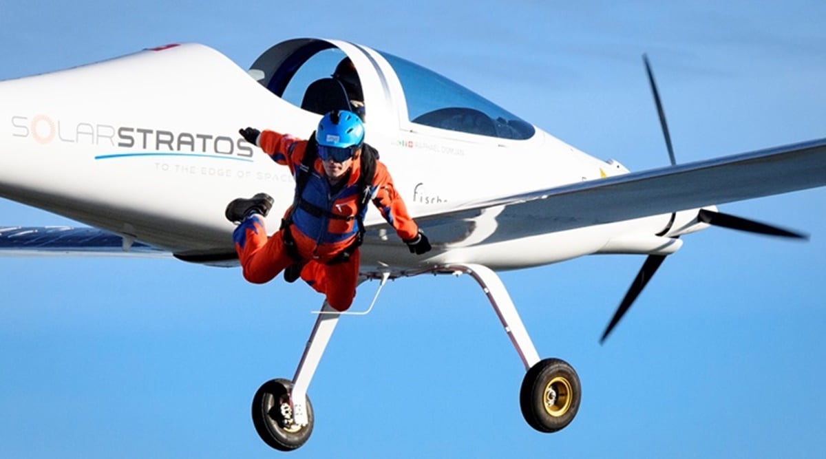 Switzerland, solar skydive, Sky diving video, Parachutist, Solar-powered aircraft, Trending news, Indian Express news.