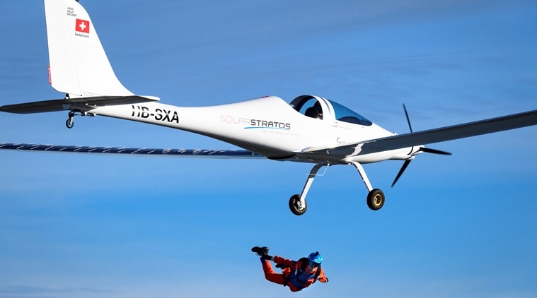 Switzerland, solar skydive, Sky diving video, Parachutist, Solar-powered aircraft, Trending news, Indian Express news.