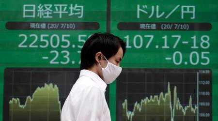 A man walks past an electronic board showing Japan's Nikkei 225 index and currency exchange rate at a securities firm in Tokyo Friday, July 10, 2020. (AP Photo/Eugene Hoshiko)