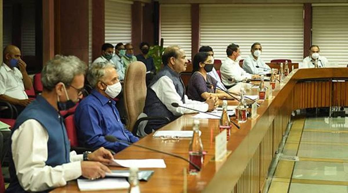 Lok Sabha speaker Om Birla, in a meeting with officials from the health ministry, ICMR, AIIMS, DRDO and Delhi government. (PTI Photo)