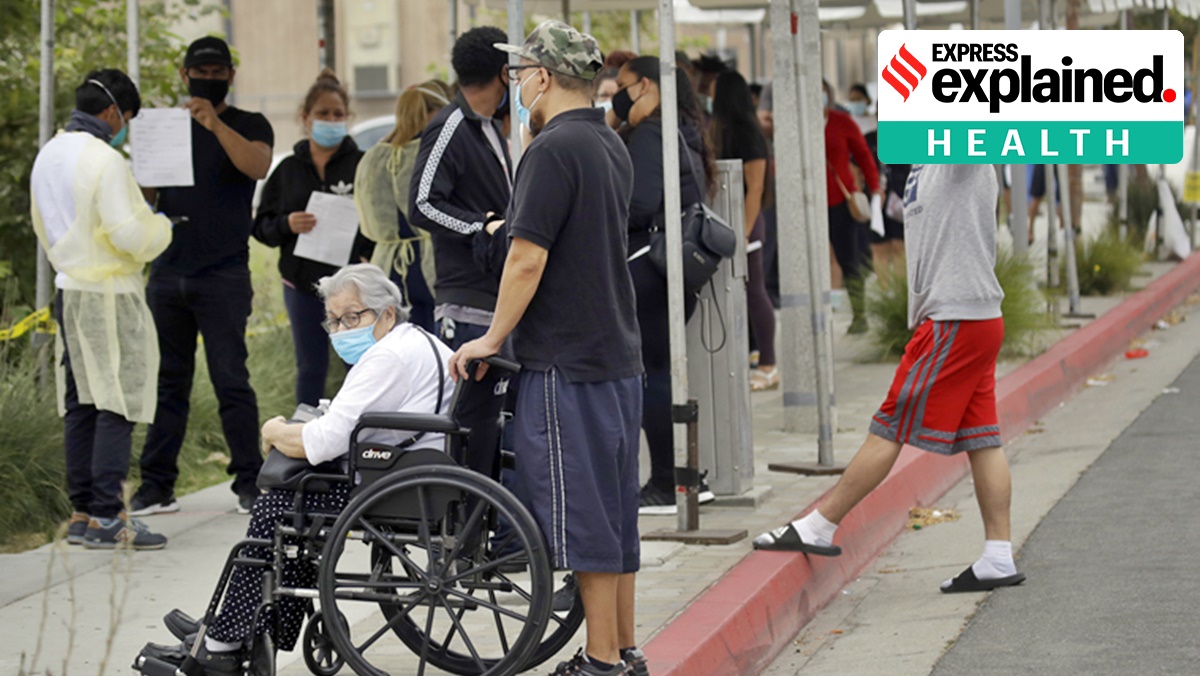 People line up at a mobile coronavirus testing site at the Charles Drew University of Medicine and Science Wednesday, July 22, 2020, in Los Angeles. (AP Photo)