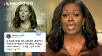 michelle obama, michelle obama dnc speech, michelle obama vote necklace, michelle obama vote necklace jeweller, US Elections 2020, viral news, indian express