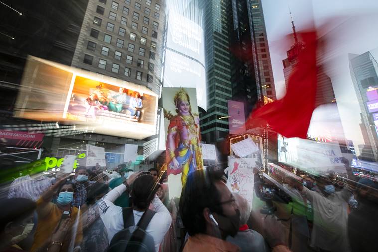 Ram image in Times square, Lord Ram's image displayed at iconic Times Square in New York , New York Celebrates Ayodhya Bhoomi Pujan, Ram image in New York, India news, Indian express