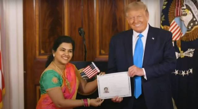 Sudha Sundari Narayanan, a software developer from India, was among those sworn in as American citizen by President Donald Trump. (Screengrab: Twitter/@TheWhiteHouse)