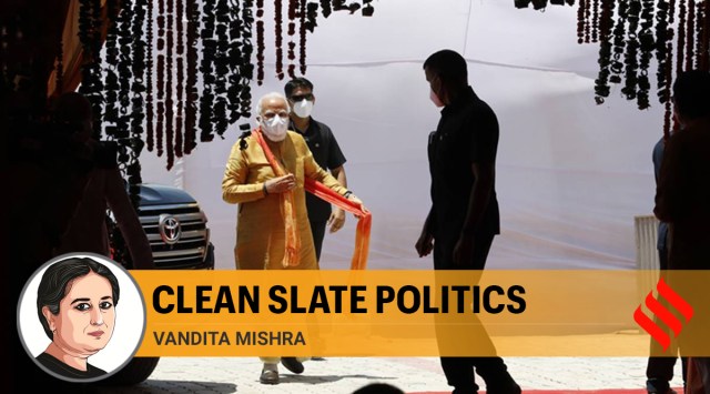 Prime Minister Narendra Modi arrives for the groundbreaking ceremony in Ayodhya (AP)