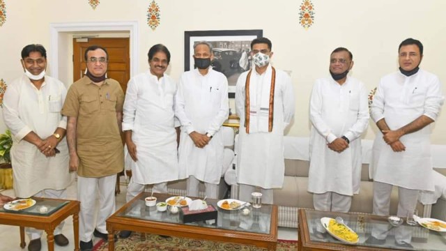 Congress leader Sachin Pilot along with Chief Minister Ashok Gehlot and other senior party leaders. (Source: Rajasthan Congress)