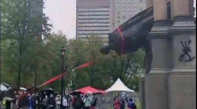 Canada statue toppled, Sir John A MacDonald, former Canadian PM statue toppled, black lives matter, Canada BLM protests, montreal, indian express