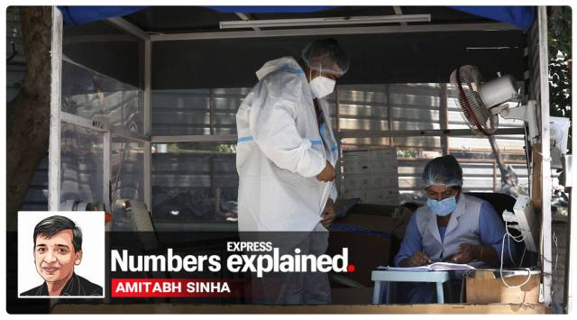 A medic wearing a PPE takes samples from daily wage workers for COVID-19 tests, at a construction site in New Delhi, Saturday, Aug. 22, 2020. Express Photo By Amit Mehra