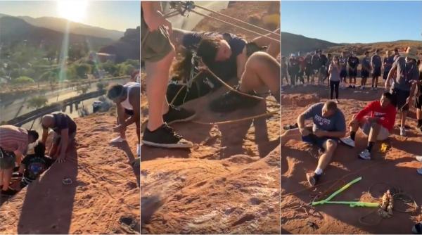 football team save woman hanging from cliff, dixie footaball team saves woman rappelling, woman saved utah cliff, viral videos, indian express
